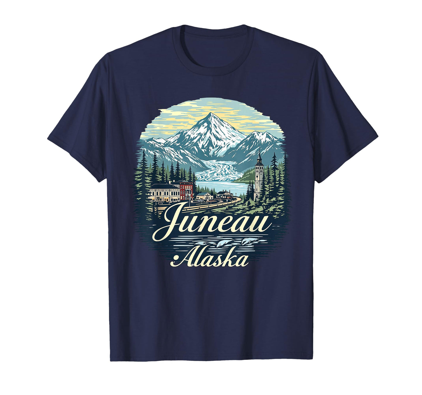 Vintage Juneau Alaska Sunset Skyline Mountains Cityscape T-Shirt
