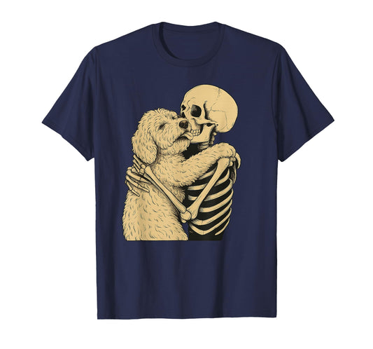Skeleton Hugging Doodle Dog Halloween T-Shirt
