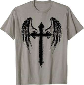 Angel Wings Jesus Christ Cross Christian Graphic Black T-Shirt
