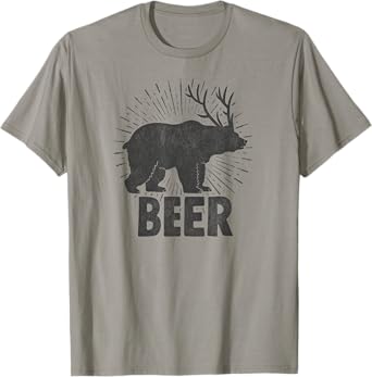 Funny Beer Drinking Design Bear, Deer Combination Distressed T-Shirt