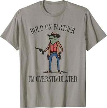 Hold On Im Overstimulated Frog Humor - Unisex-Adults - Vintage Casual Frog Meme T-Shirt - Grey - Small - Short Sleeve - Cotton - T-Shirt