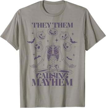 They Them Causing Mayhem Skeleton Boho Halloween Non Binary T-Shirt