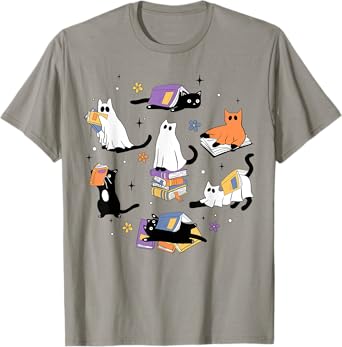 Cute Ghost Cat Reading Books Lover Bookish Halloween Spooky T-Shirt for Men Women