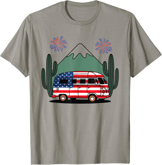 4th July Camper Van Us Flag Patriotic Camping Women Kids Men T-shirt