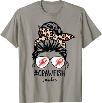 Crawfish Junkie Leopard Messy Bun Sunglasses Cajun Lobster T-Shirt
