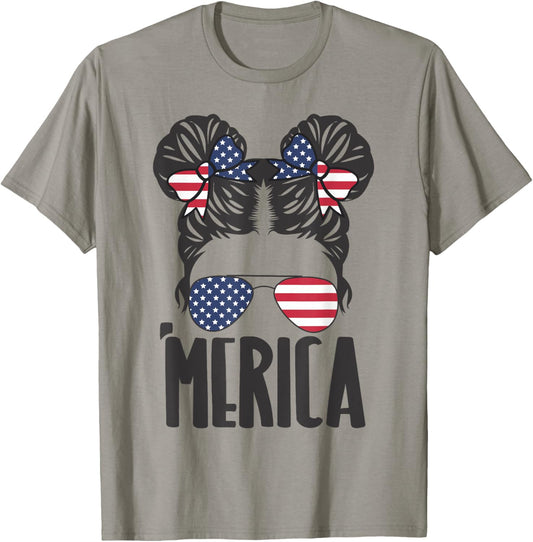 Messy Bun Merica Sunglasses Women Girls USA Flag 4th of July T-Shirt