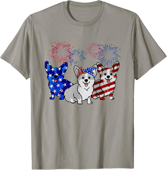 Corgi American Flag Firework Independence Day T-Shirt