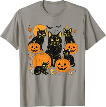 Retro Black Meow Cat Pumpkin Halloween Kitty Spooky Season T-Shirt