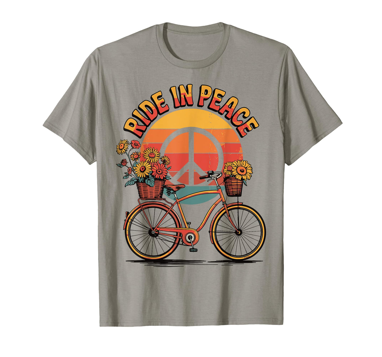Ride In Peace Bicycle Retro Hippie Floral Sunset T-Shirt
