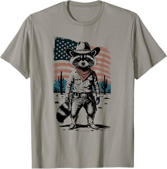 Racoon Cowboy Western Country Unisex-Adults Vintage T-Shirt, Small, Multicolor, Short Sleeve