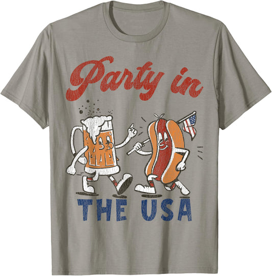 Retro Party In The USA Beer Hot Dog Lover Funny 4th Of July T-Shirt