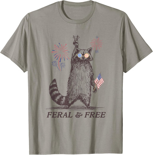Feral and Free Raccoon, Funny Raccoon 4th of July Usa Flag T-Shirt