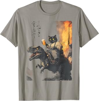 Black Cat Samurai Dinosaur Funny Men Women T-Shirt