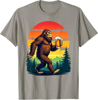 Retro Camping Hiking Bigfoot Sasquatch Drinking Beer T-Shirt