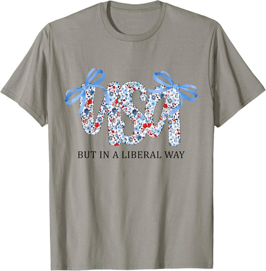 Red White Blue Usa Floral Script Independence Day Design T-shirt
