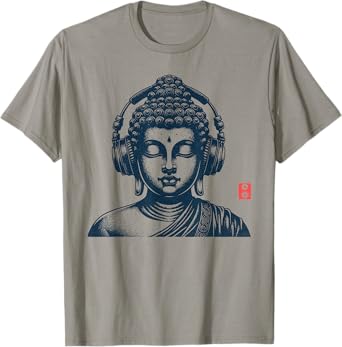 Buddha Wearing Headphones Vintage Retro Grey T-Shirt, Unisex-Adult, Short Sleeve, Music, Buddha, Relax