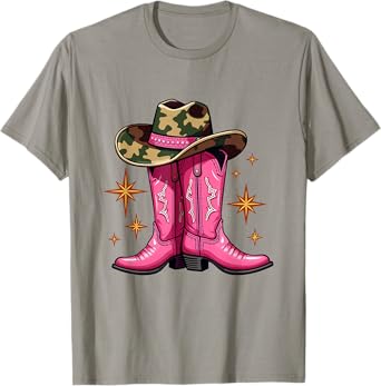 Pink Cowboy Boots & Camo Hat Country Western T-Shirt