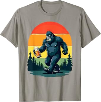 Retro Camping Hiking Bigfoot Sasquatch Drinking Beer T-Shirt