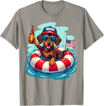 Summer Vacation Beach US Flag Dachshund Drinking Beer T-Shirt