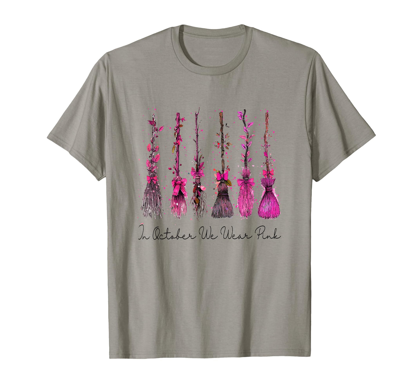 in October We Wear Pink Witches Brooms Spooky Breast Cancer T-Shirt