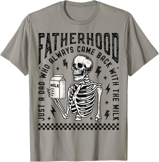Fatherhood Skeleton Just a Dad With the Milk Funny Halloween T-Shirt