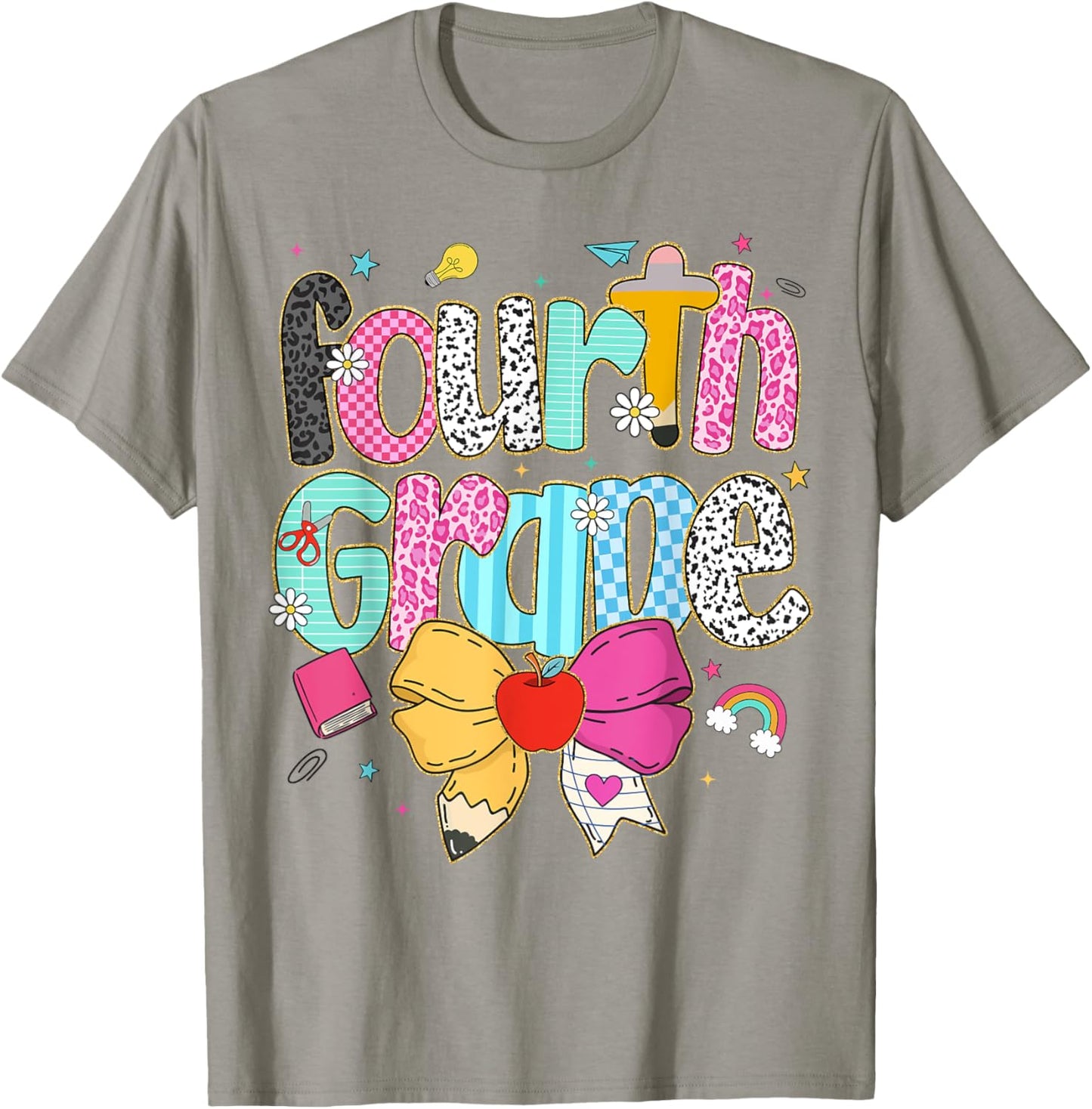 Cute Preppy Fourth Grade Teacher Leopard Coquette Pencil Bow T-shirt by TeeBrew