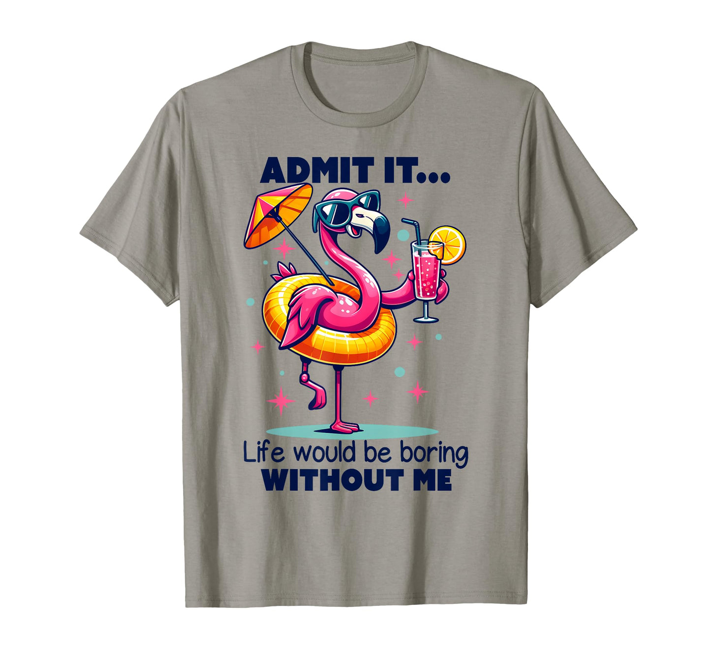 Pink Flamingo Drinking Cocktails Summer Vacation Beach Funny T-Shirt
