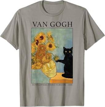 Van Gogh Black Cat With Sunflowers Funny Cat T-Shirt