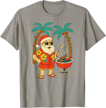 Christmas in July, Hawaiian Santa, Grilling Hamburgers T-Shirt