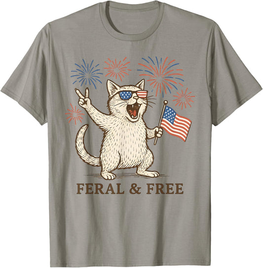 Feral And Free Cat 4th Of July Funny American Flag Women Kid T-shirt
