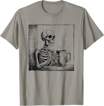 Coffee drinking skeleton skull halloween T-Shirt