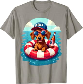 Summer Vacation Beach US Flag Dachshund Drinking Beer T-Shirt