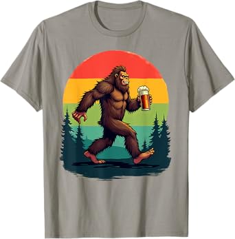 Retro Camping Hiking Bigfoot Sasquatch Drinking Beer T-Shirt