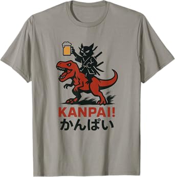 Samurai Cat on Tyrannosaurus rex. | Retro Japanese Vibes T-Shirt