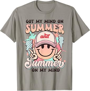 Groovy Happy Face Summer Vibes Got My Mind On Summer Teacher T-Shirt