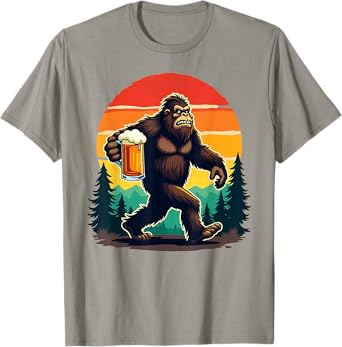 Retro Camping Hiking Bigfoot Sasquatch Drinking Beer T-Shirt