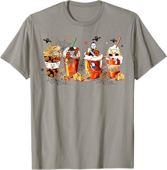 Vintage Halloween Horror Latte Coffee Cups Ghost Skeleton T-Shirt