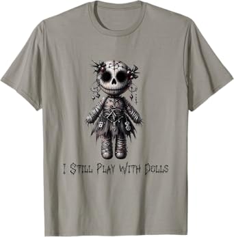 Paper Rose Cottage I Still Play With Dolls, Voodoo Doll Halloween Design T-Shirt, Small, Grey