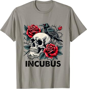 Retro Halloween Graphic Incubus-Crow Left Skull And Flower T-Shirt