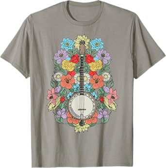 Banjo Flowers Vintage Stringed Bluegrass Folk Floral Design T-Shirt