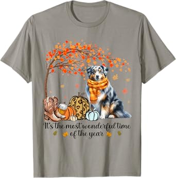 Fall Maple Tree Print Dog Lover Happy Thanksgiving Australian Shepherd Autumn Fall T-Shirt