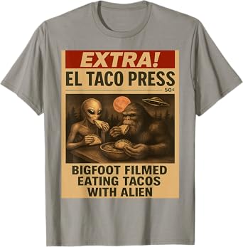 Bigfoot and Alien Eating Tacos Funny Vintage Newspaper UFO T-Shirt