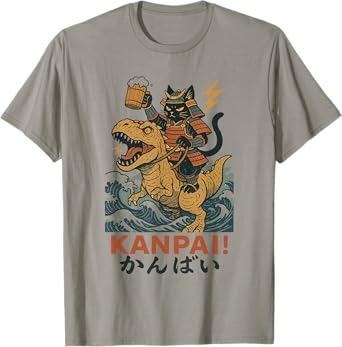 Samurai Cat on Tyrannosaurus rex. | Retro Japanese Vibes T-Shirt