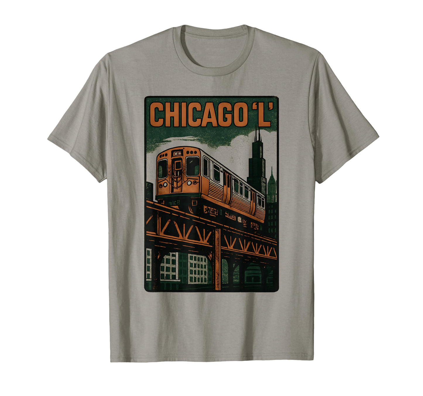 Chicago L Train Retro City Transit Urban Skyline Artwork T-Shirt