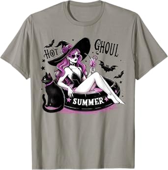 Funny Halloween Witch Hot Ghoul Summer Witchy Cat Womens T-Shirt
