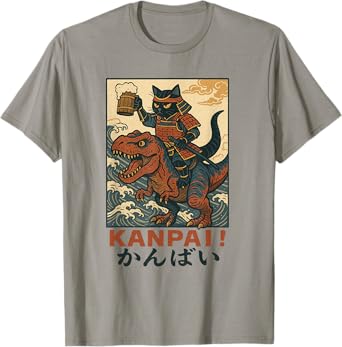 Samurai Cat on Tyrannosaurus rex. | Retro Japanese Vibes T-Shirt