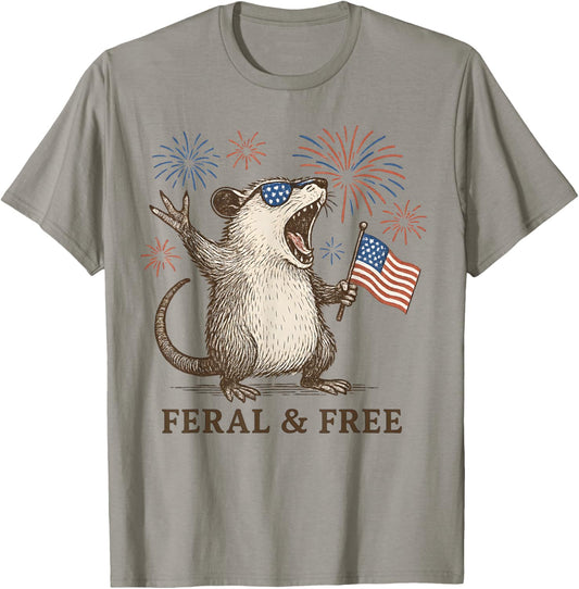 Feral And Free Possum 4th Of July Funny American Flag Womens T-shirt