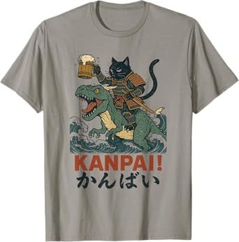 Samurai Cat on Tyrannosaurus rex. | Retro Japanese Vibes T-Shirt