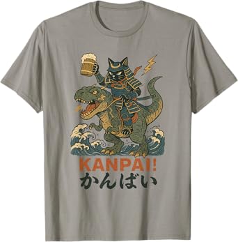 Samurai Cat on Tyrannosaurus rex. | Retro Japanese Vibes T-Shirt