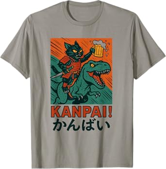 Samurai Cat on Tyrannosaurus rex. | Retro Japanese Vibes T-Shirt